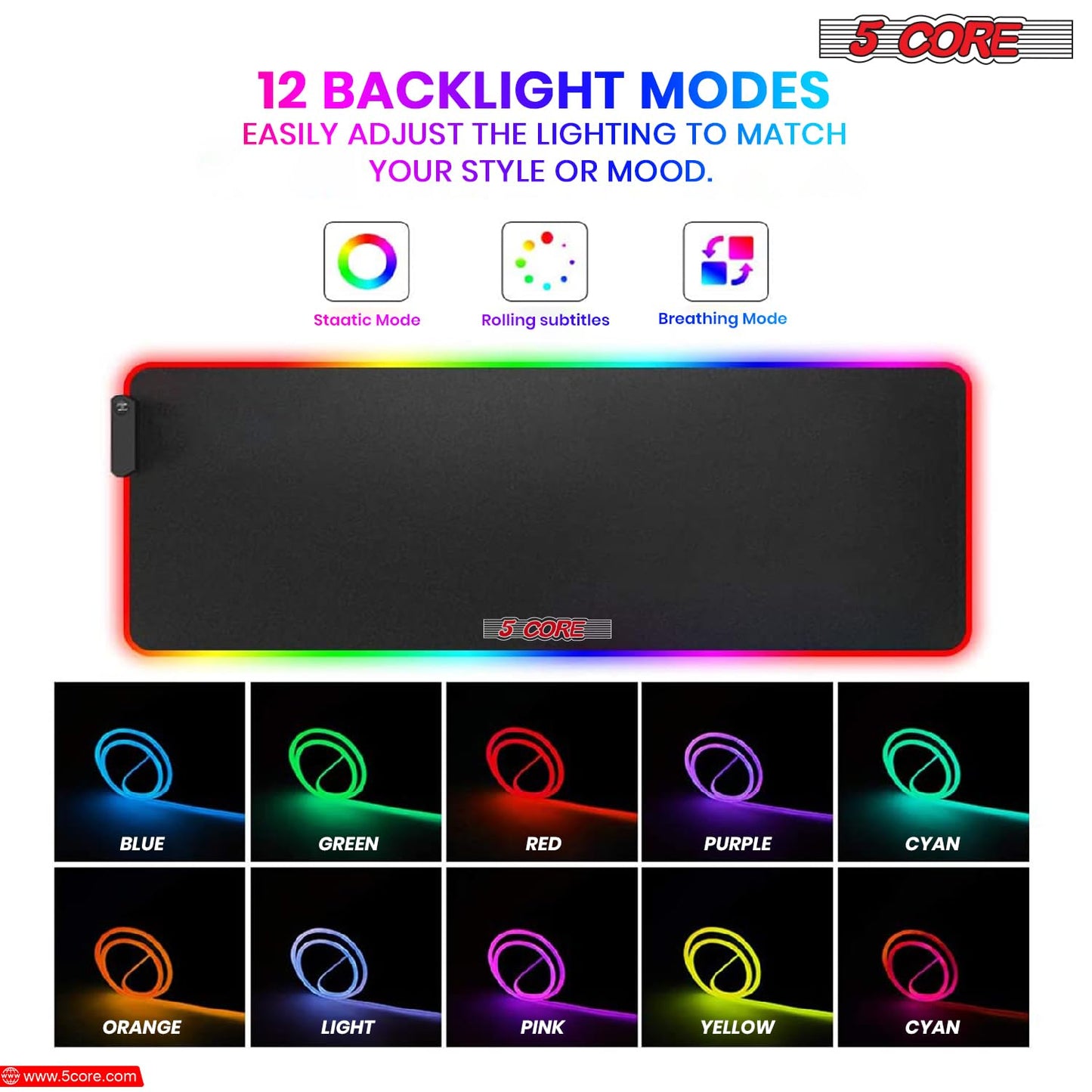 5 CORE RGB Gaming Mouse Pad - Large 31.5x11.8" with 12 Lighting Modes, Stitched Edges, Non-Slip Rubber Base, Model KBP 800 RGB