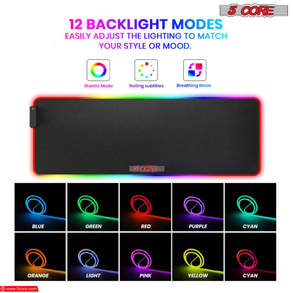 5 CORE RGB Gaming Mouse Pad - Large 31.5x11.8" with 12 Lighting Modes, Stitched Edges, Non-Slip Rubber Base, Model KBP 800 RGB