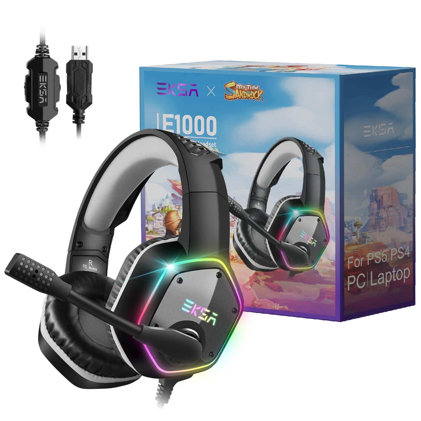 EKSA E1000 Gaming Headset - Noise-Canceling Mic, RGB Light - Compatible with PC, PS4, PS5 - Gray-Sandrock