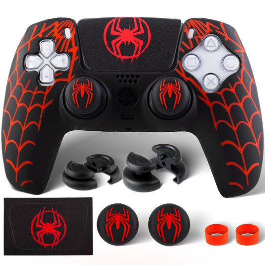PlayRealm Silicone Skin Cover Sticker x 1 & Extender Grips x 2 for PS5 Controller Spider Web
