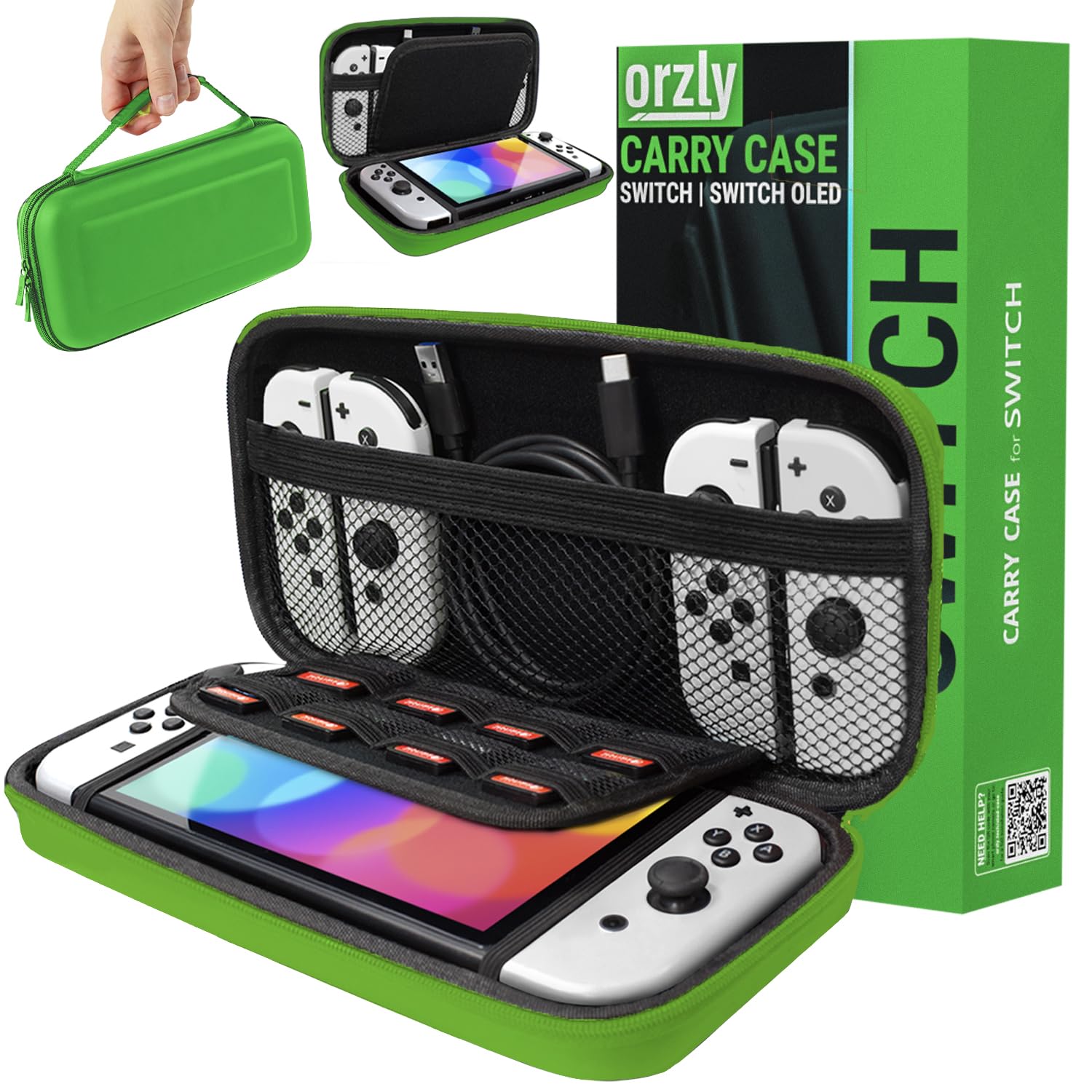 Orzly Carrying case for Nintendo Switch OLED and Switch Console - Green Protective Hard Portable Travel case Shell Pouch for Nintendo Switch Console & Accessories