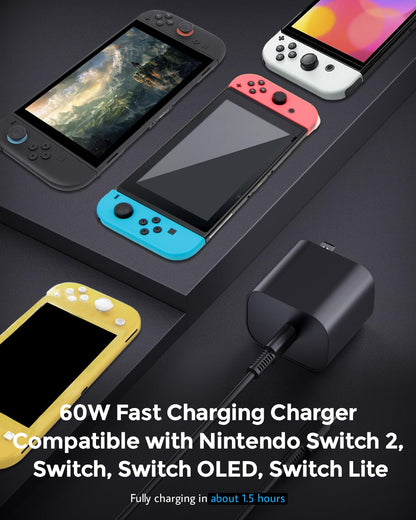 JZW-Shop 60W Fast Charging Charger for Nintendo Switch & Steam Deck - 20V 3.0A AC Adapter with 1.5M USB C Cable - Black