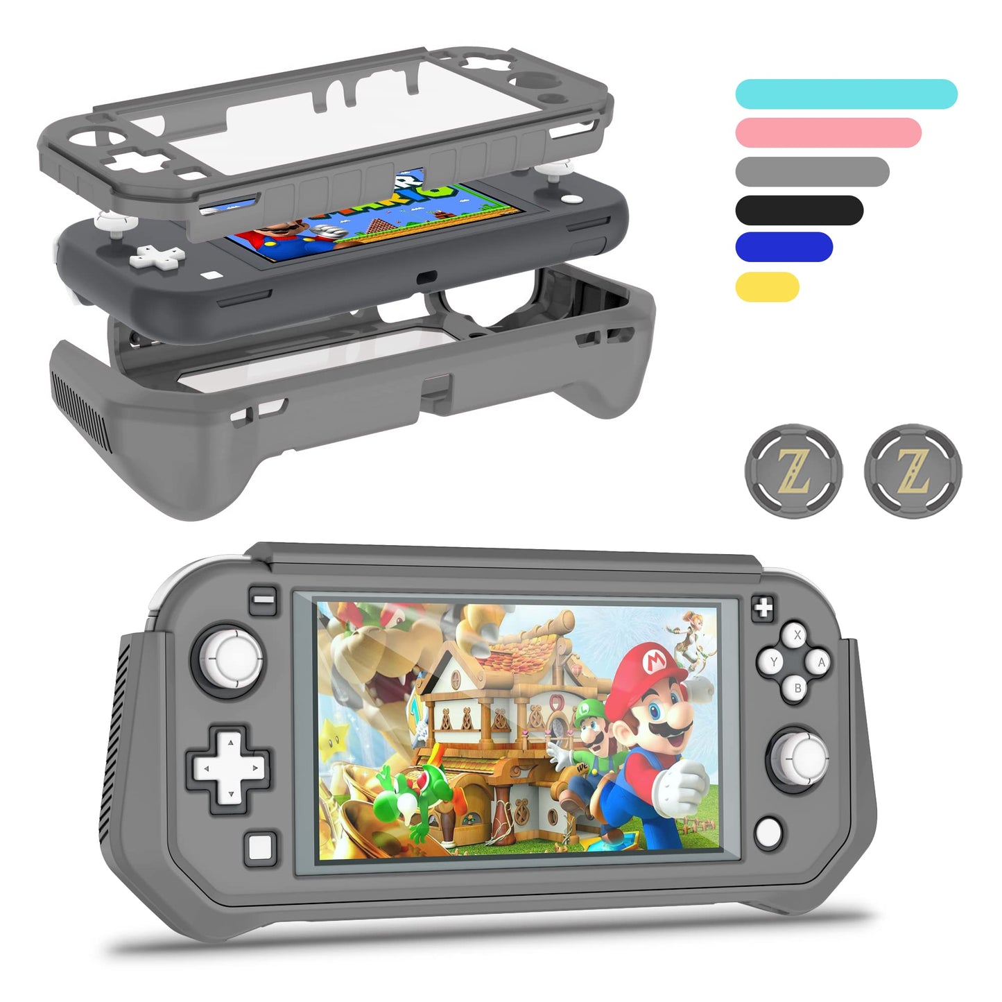 Kailfee Protective Case for Nintendo Switch Lite - TPU Shock-Absorption, Anti-Scratch, Gray with Built-in Screen Protector & Thumb Grip Caps