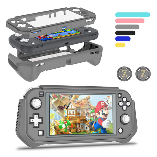 Kailfee Protective Case for Nintendo Switch Lite - TPU Shock-Absorption, Anti-Scratch, Gray with Built-in Screen Protector & Thumb Grip Caps