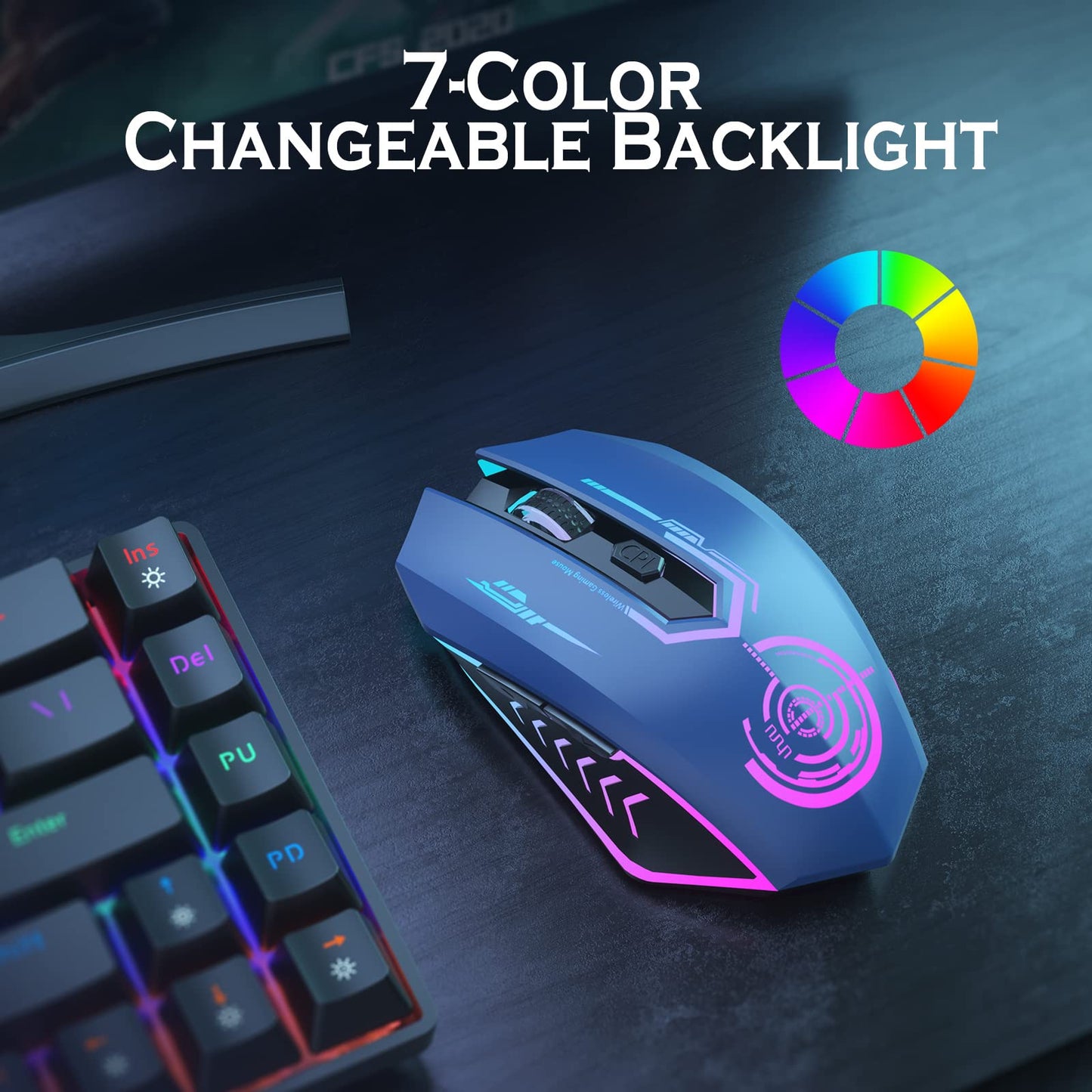 UHURU Wireless Gaming Mouse - 7 Buttons, 7 LED Colors, 12000 DPI, Rechargeable, Blue