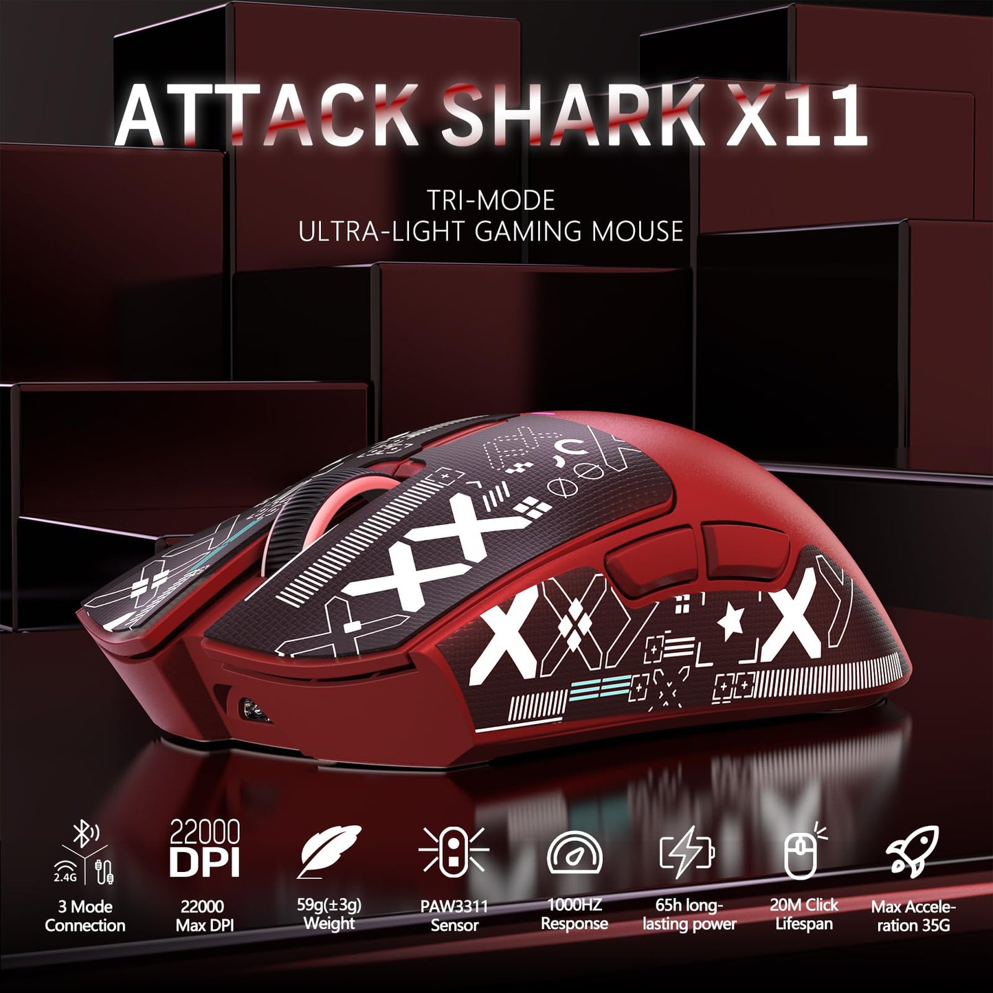 MAGIC-REFINER Attack Shark X11 Wireless Gaming Mouse, 22000 DPI, RGB Dock, Red & Griptape, 5 Programmable Buttons for PC/Mac