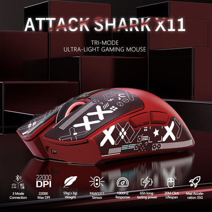 MAGIC-REFINER Attack Shark X11 Wireless Gaming Mouse, 22000 DPI, RGB Dock, Red & Griptape, 5 Programmable Buttons for PC/Mac
