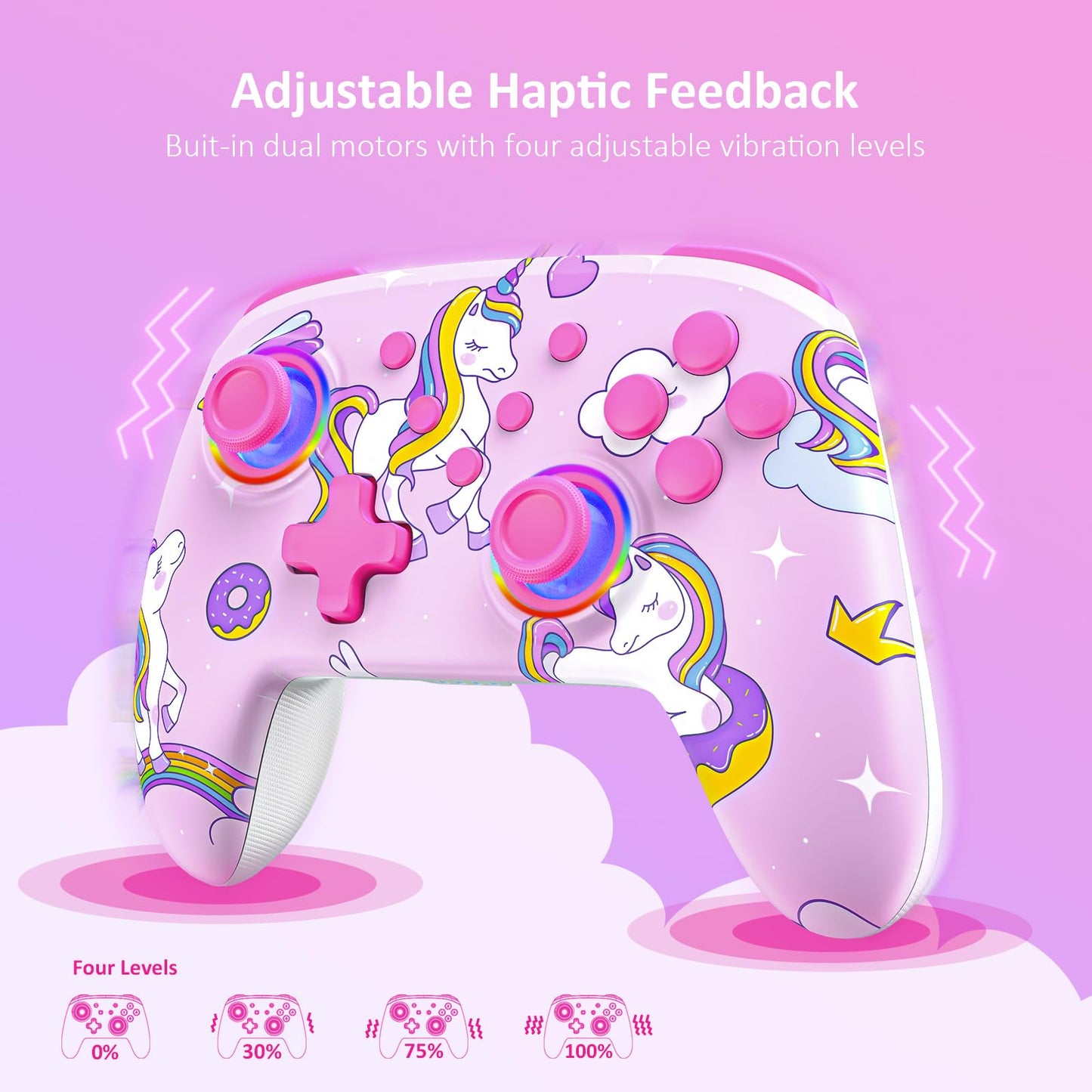 NexiGo Wireless Controller for Switch 2 & Switch, Bluetooth, Vibration, Motion, Turbo, LED Light, Pink Unicorn, Model NS32-A7