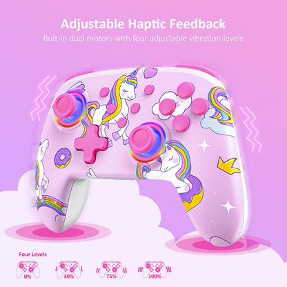 NexiGo Wireless Controller for Switch 2 & Switch, Bluetooth, Vibration, Motion, Turbo, LED Light, Pink Unicorn, Model NS32-A7