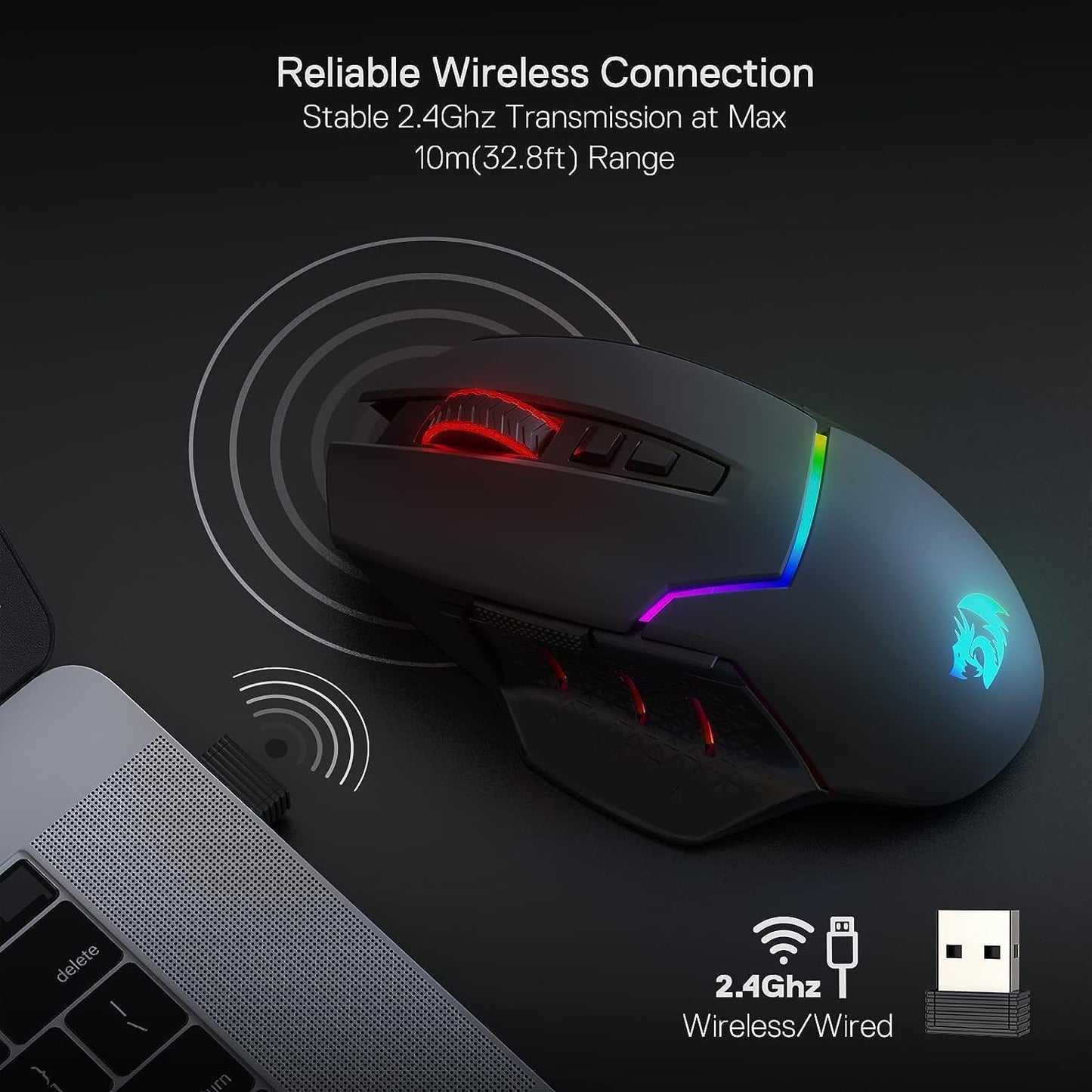 Redragon M690 PRO Wireless Gaming Mouse - 8000 DPI, 8 Macro Buttons, Ergonomic Design, Black for PC/Mac/Laptop