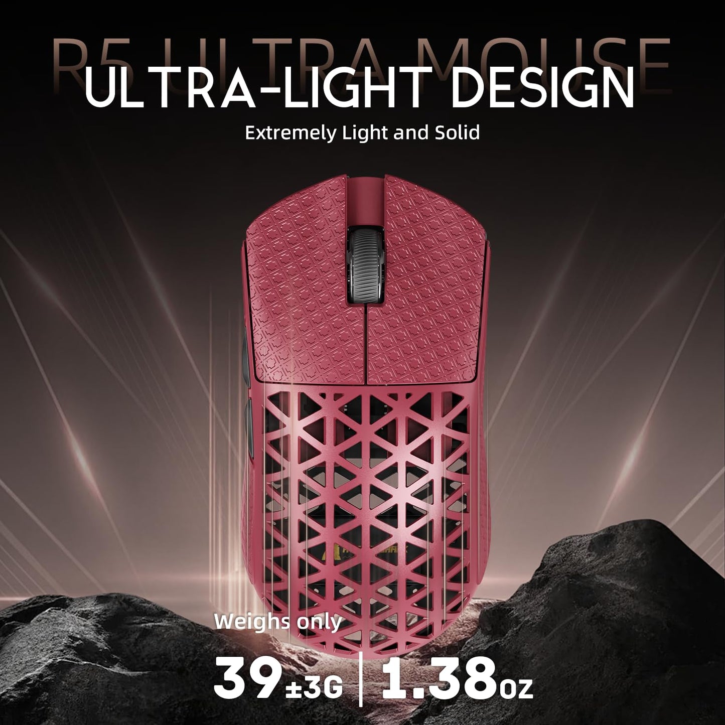 ATTACK SHARK R5 Ultra Wireless Gaming Mouse - 39g Superlight, 42K DPI Optical Sensor, Carbon Fiber Shell, Red&Griptape