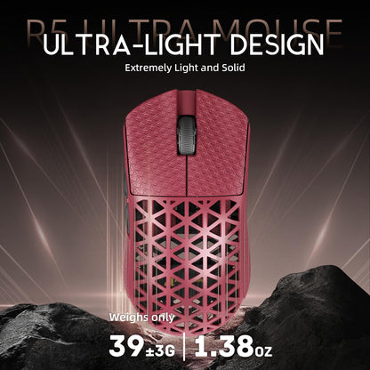ATTACK SHARK R5 Ultra Wireless Gaming Mouse - 39g Superlight, 42K DPI Optical Sensor, Carbon Fiber Shell, Red&Griptape