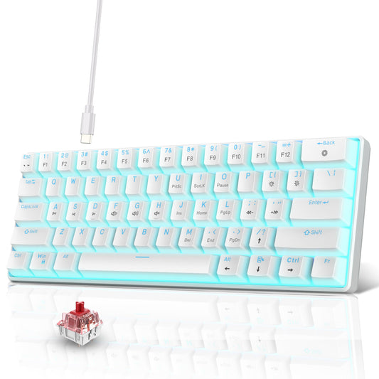 Snpurdiri Portable 60% Mechanical Gaming Keyboard  Ice Blue LED Backlit 61 Keys Mini Wired Office Keyboard for Windows Laptop PC Mac (White Red Switches)