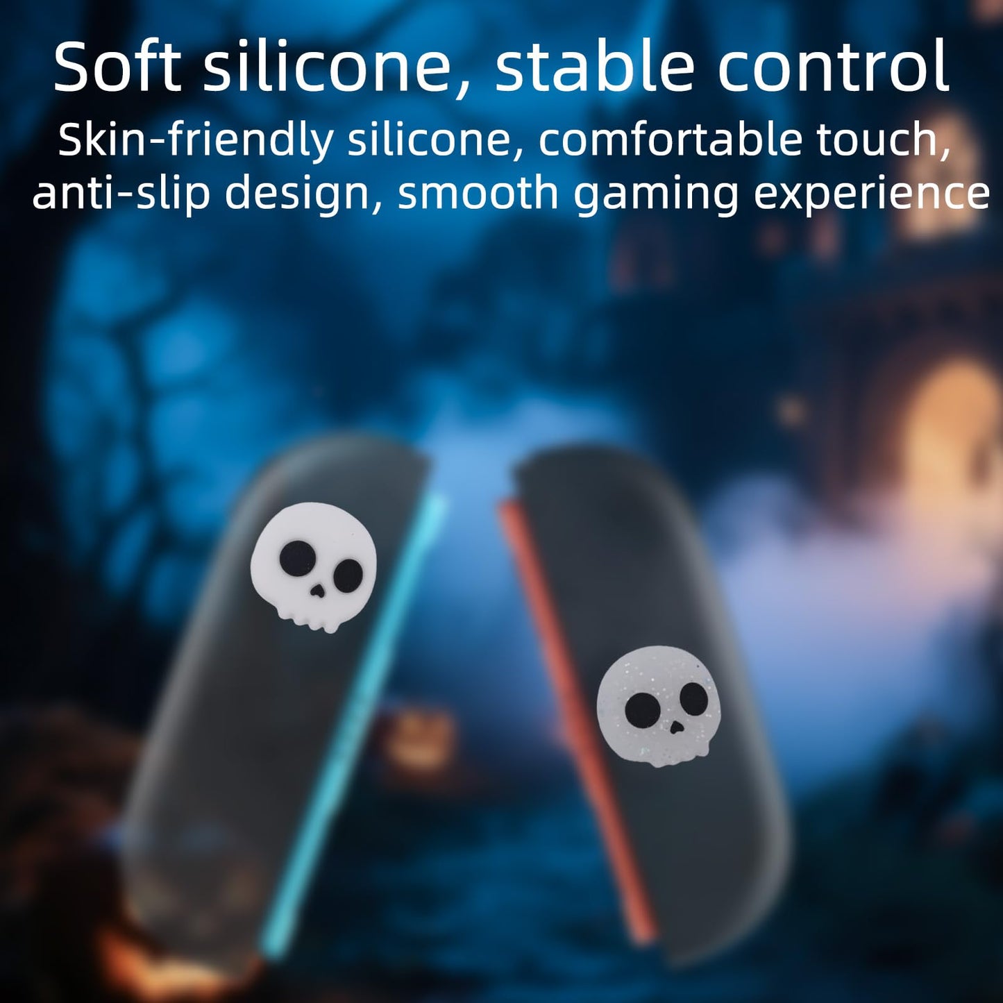 Penitue 4pcs Thumb Grips for Switch 2 - White & Glitter Skull Design, Anti-Slip Silicone Joystick Caps for Comfortable Gaming
