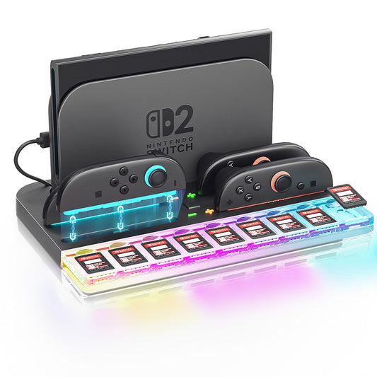 Firven Charging Dock Station for Nintendo Switch 2 Joycons  Joy-Con 2 Charger with Accessories Organizing Stores Game Cards  Joy Con Controllers and Switch 2 Dock  RGB Lighting  USB Type-C Cable