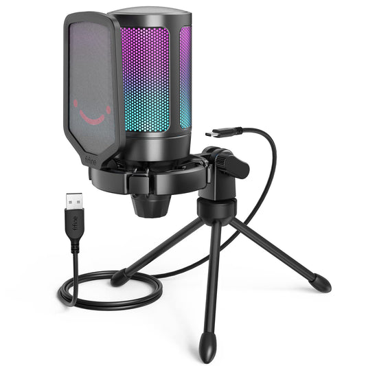 FIFINE Gaming USB Microphone for PC PS5, Condenser Mic with Quick Mute, RGB Indicator, Tripod Stand, Pop Filter, Shock Mount, Ga