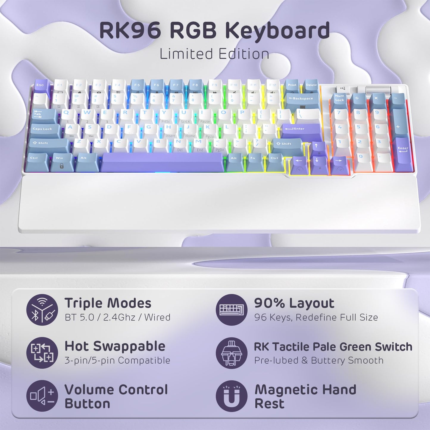 RK ROYAL KLUDGE RK96 90% Mechanical Keyboard, Tactile Pale Green Switch, RGB, Wireless BT5.0/2.4G, Taro Milk White, Hot Sw