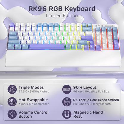 RK ROYAL KLUDGE RK96 90% Mechanical Keyboard, Tactile Pale Green Switch, RGB, Wireless BT5.0/2.4G, Taro Milk White, Hot Sw