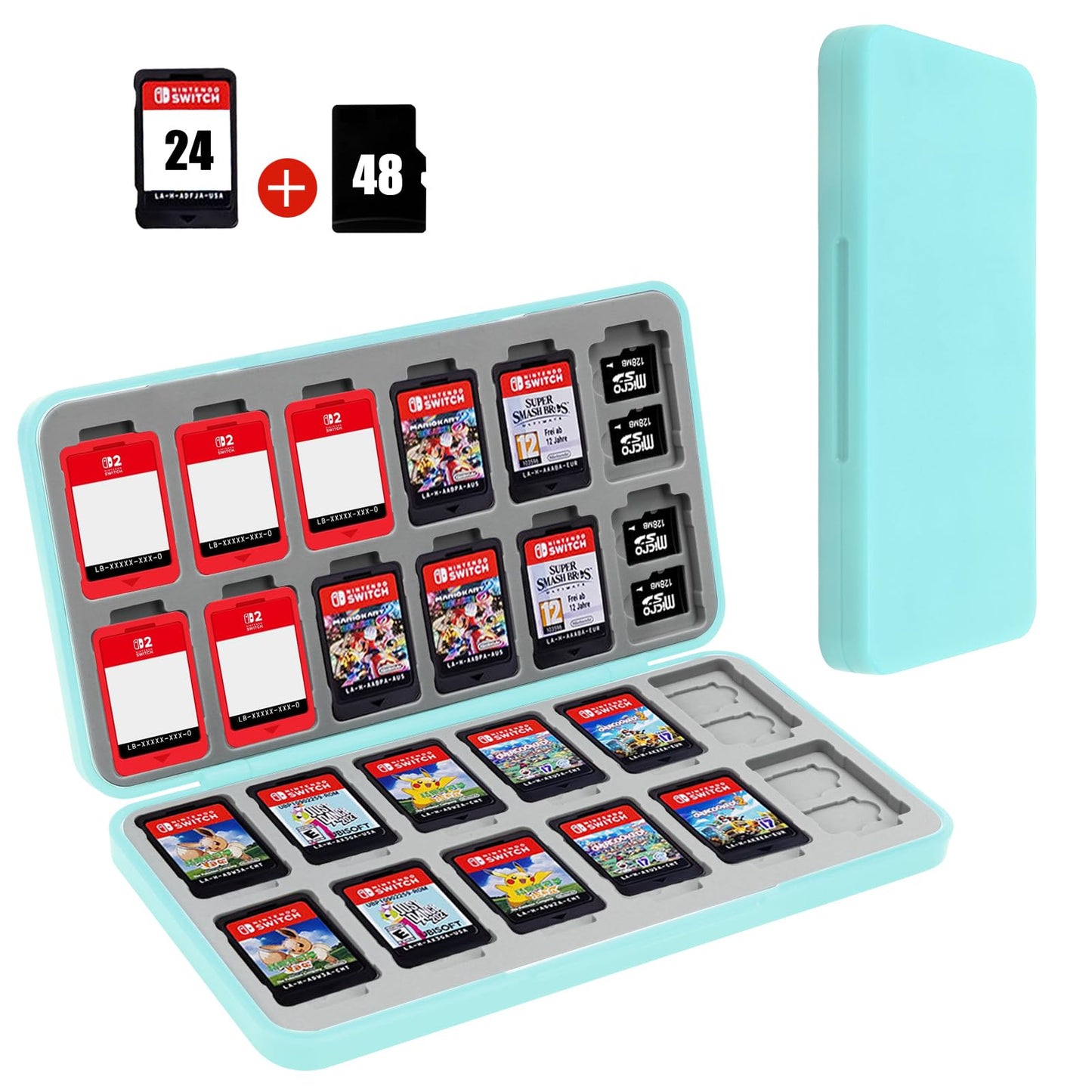 FYY Nintendo Switch Game Case Holder for Switch 2 refill unit Case with 24 Game Card sections & 48 Micro SD Card sections  Hard Shell  Silicone Lining Mint Green