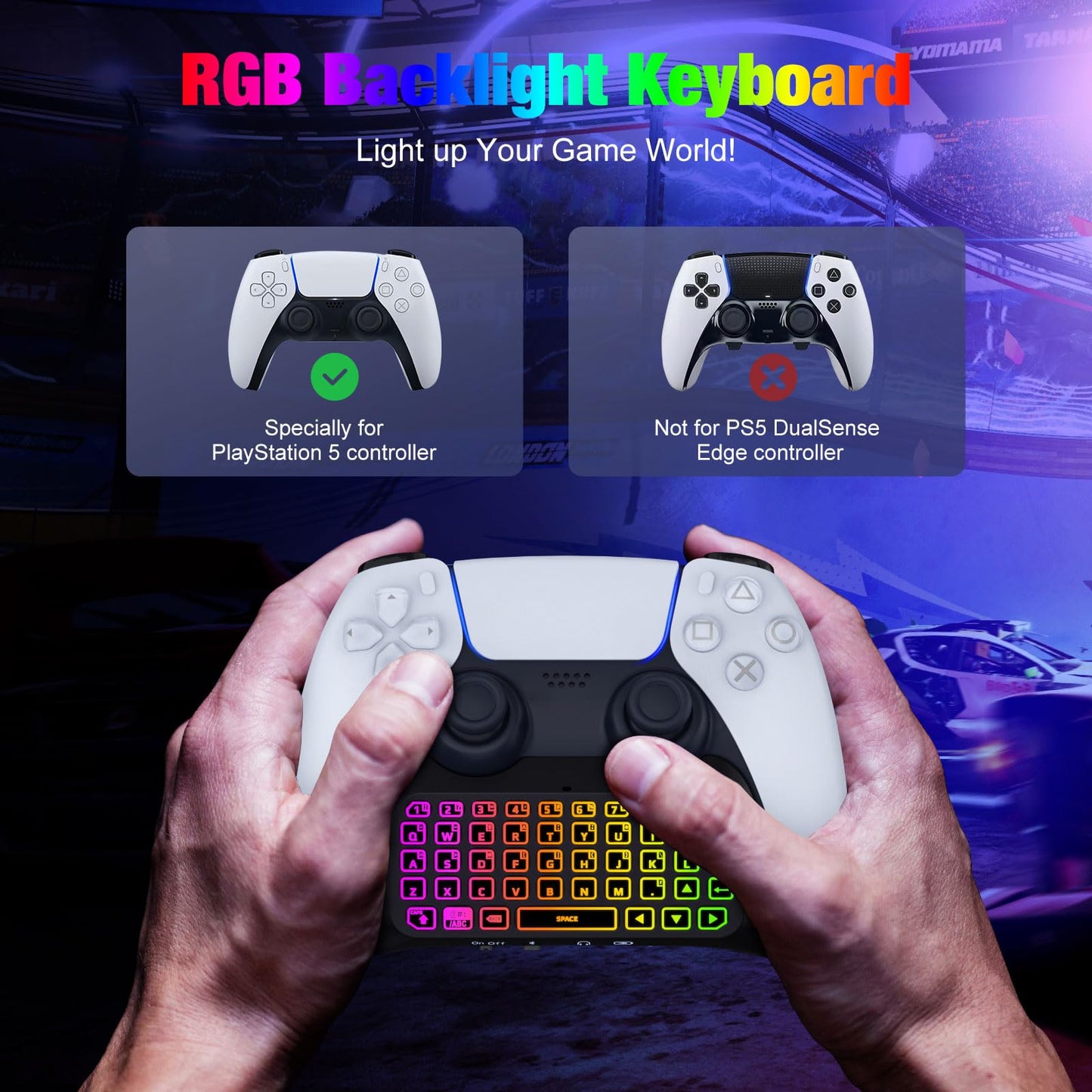 MoKo RGB Backlight Keyboard for PS5 Controller, Bluetooth Mini Gamepad with Speaker & 3.5mm Audio Jack, Multi Colors, Model P840401400951