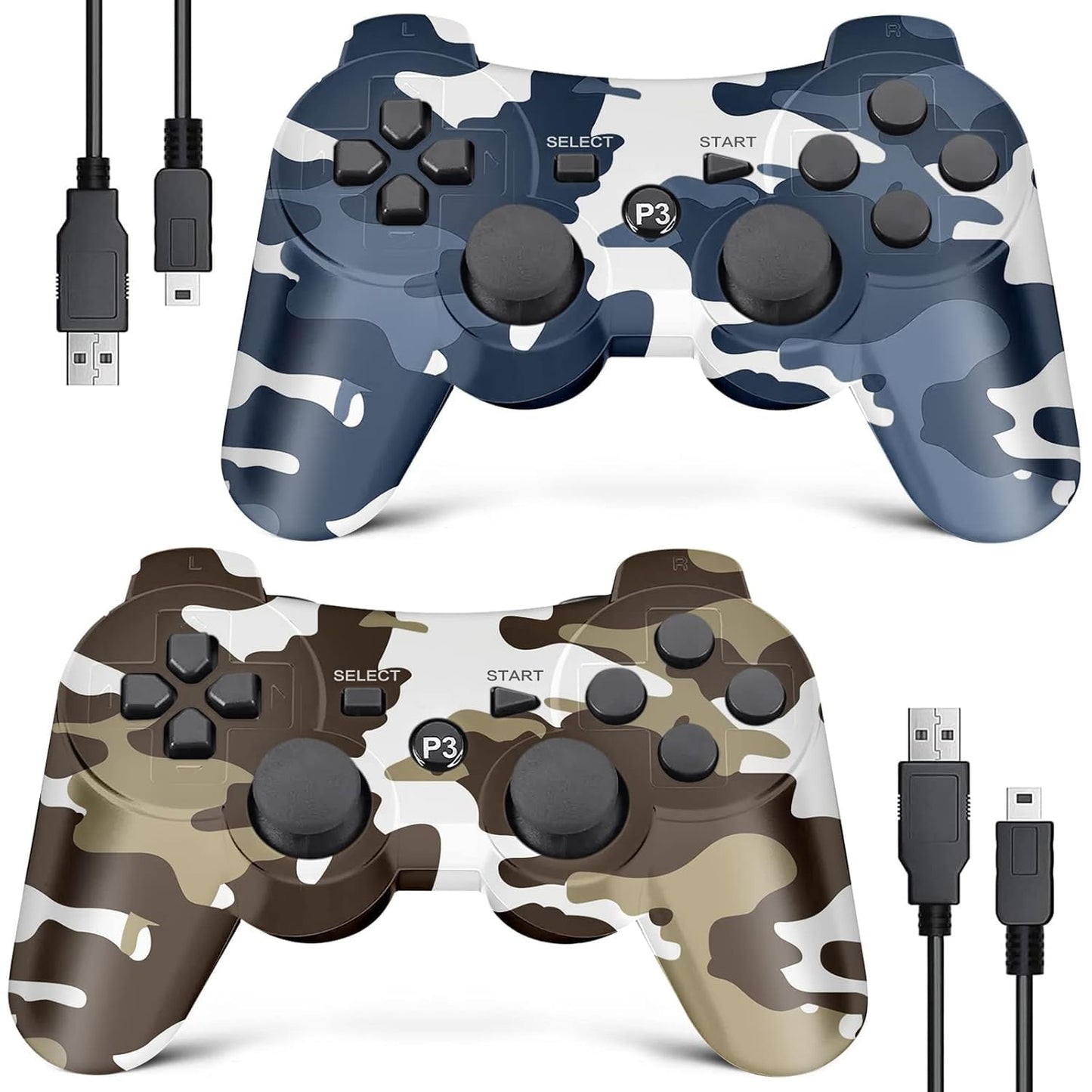 MINSWC PS3 Wireless Controller 2 Pack - Upgraded Joystick with Double Shock & Motion Control, Camo Brown & Camo Blue