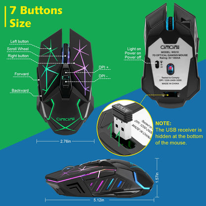 CHONCHOW Wireless Gaming Mouse, 3200 DPI, 7 Buttons, USB C, Colorful LED, Black, Model WG10