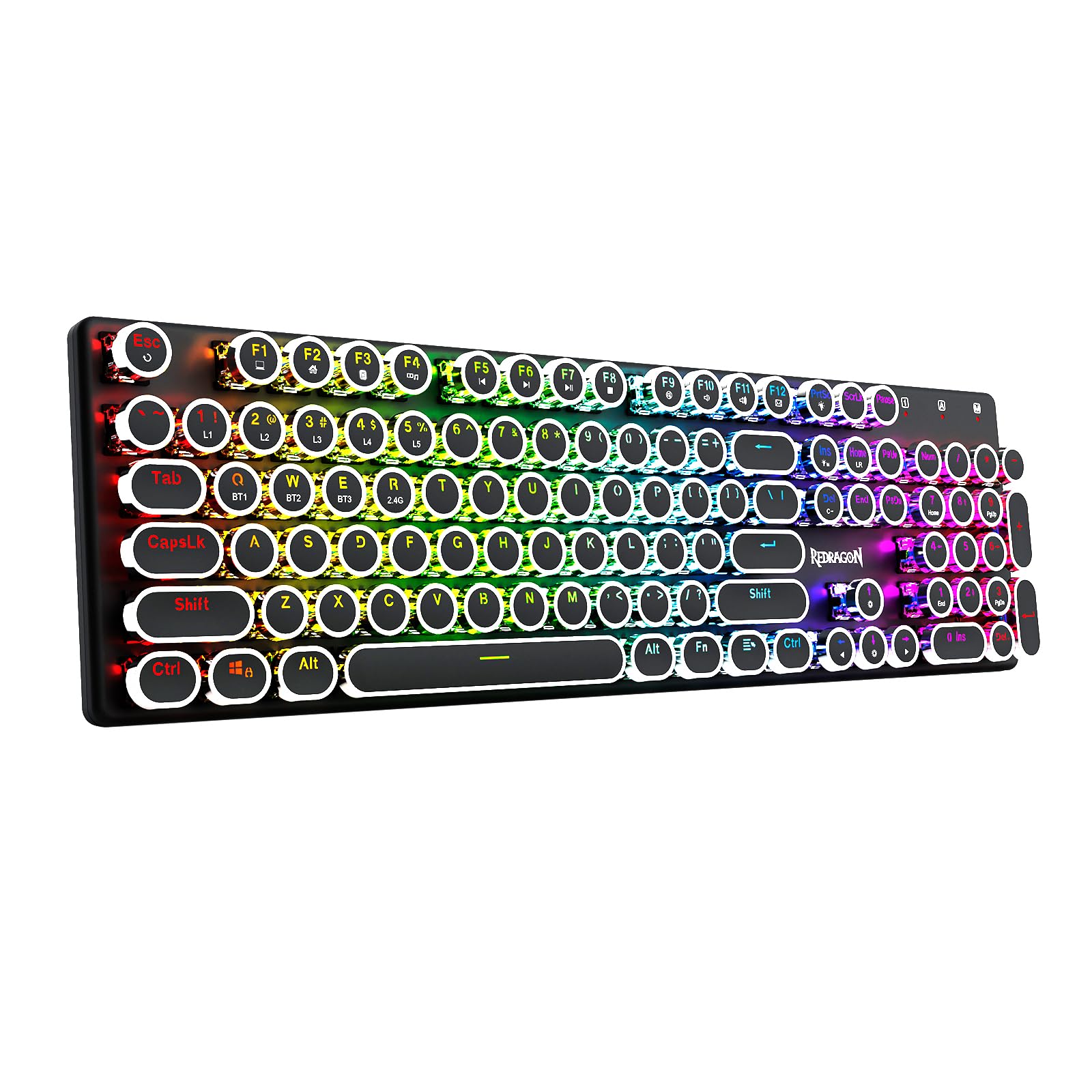 Redragon K710 Wireless Typewriter Style Mechanical Gaming Keyboard  Bluetooth/2.4Ghz/Wired  RGB Backlit  Rechargeable  Blue Switch - Clicky  Metal Panel  Round Keycaps  Black