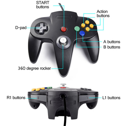 suily 2 Pack USB Wired N64 Controller for PC/MAC/Linux, Black/Gray Gamepad Joystick