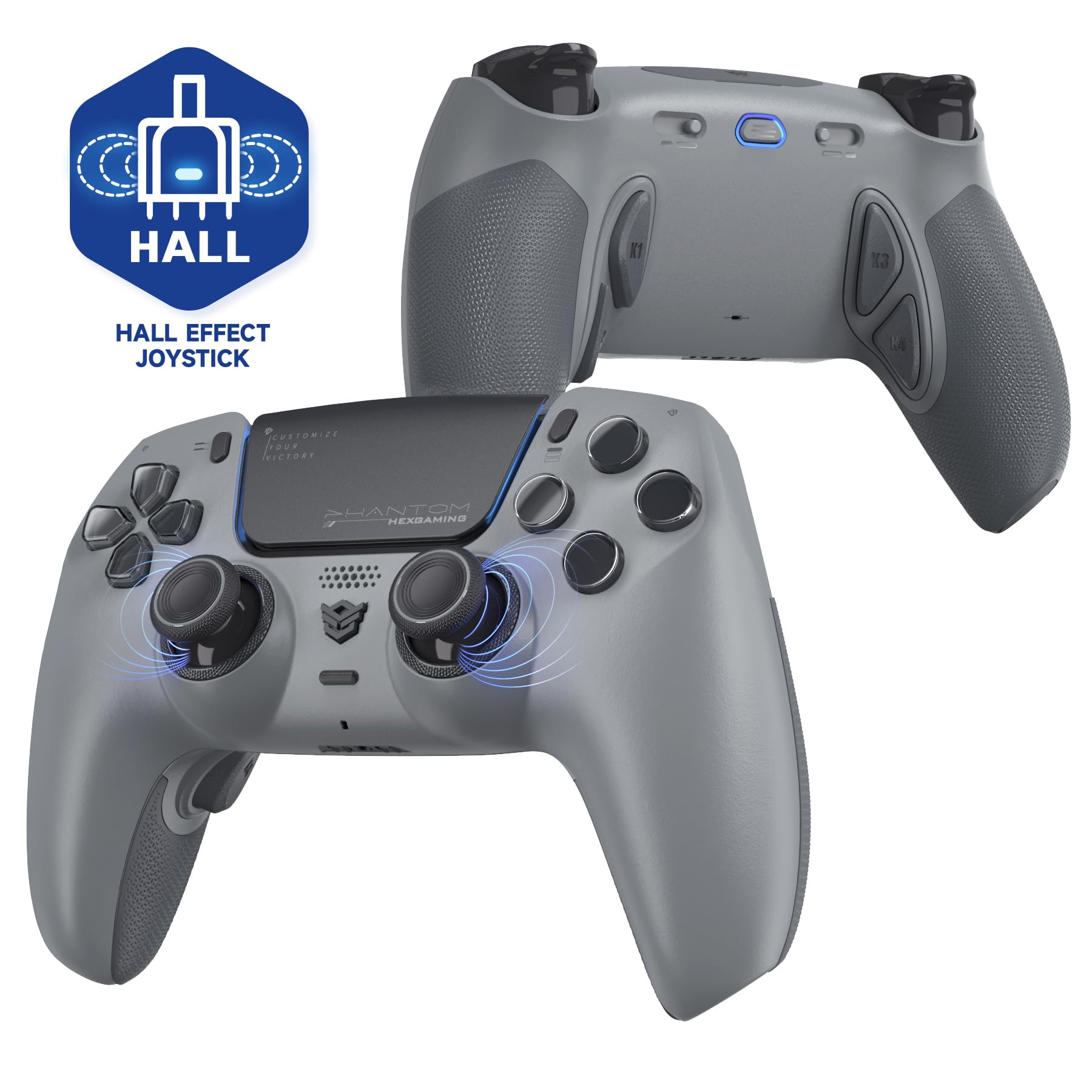 HEXGAMING PHANTOM Pro Controller with 4 Remappable Buttons  6 Remapping Profiles  8 Interchangeable Analog Stick  and Adjustable Triggers Compatible with ps5  PC  Mobile - Hall Effect 1994 Gray
