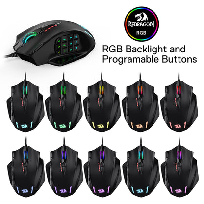 Redragon M908 RGB LED MMO Gaming Mouse - 12 Side Buttons, 12400 DPI, Wired, Ergonomic, Black