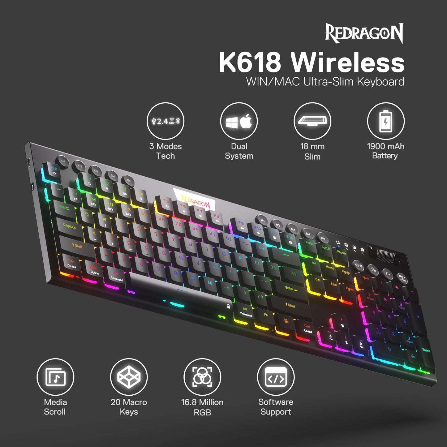 Redragon K618 PRO Wireless RGB Mechanical Keyboard - Low Profile, Aluminum, Red Switch, BT/2.4Ghz, K618 Wireless