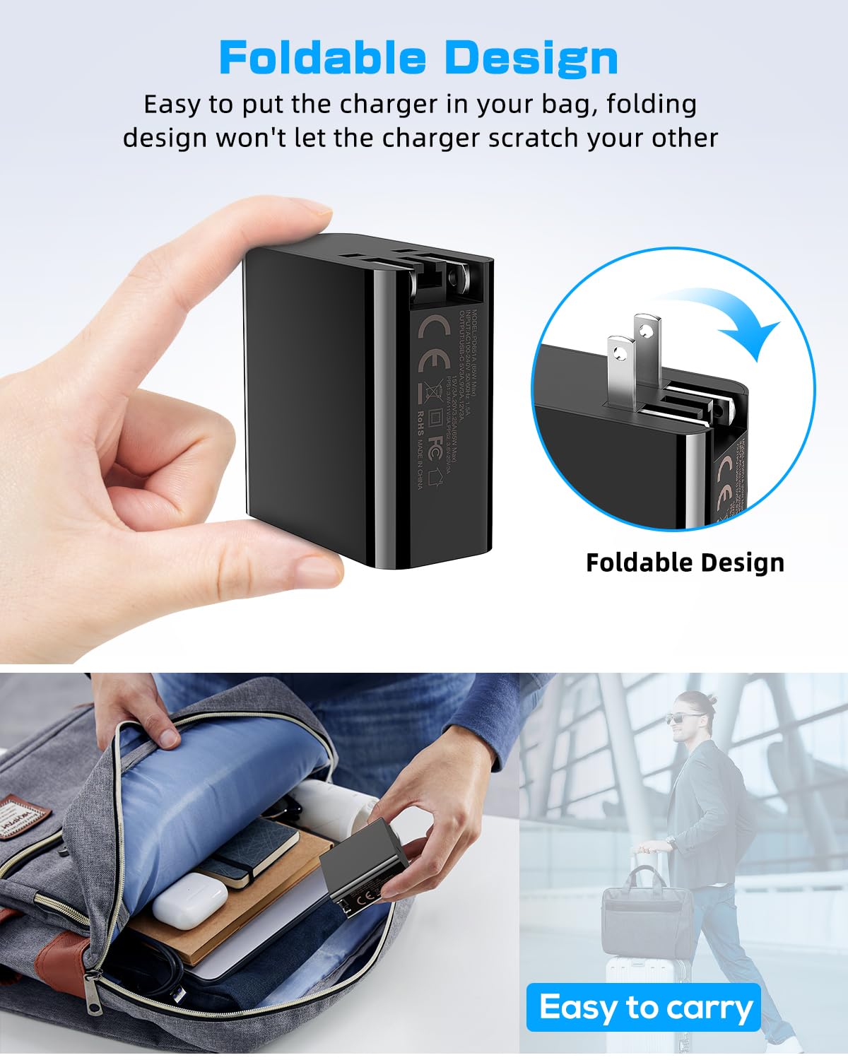 Klipdasse USB C Charger 65W Fast Power Adapter with Foldable Plug for Steam Deck, Switch, PS5, Laptop - Includes 6.5ft Type C to C Cable