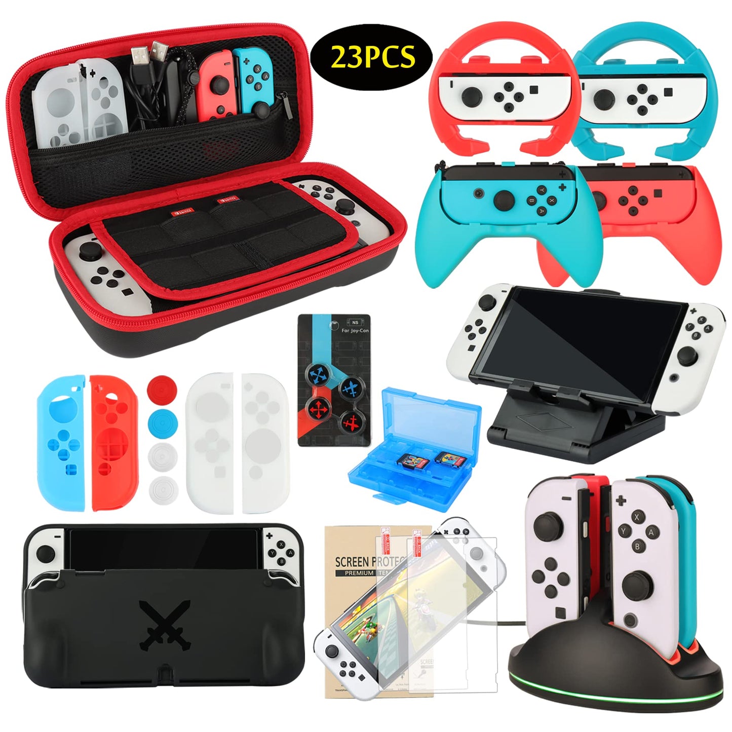 Accessories Bundle Pack for Nintendo Switch OLED Model(2021)  Family Party Kit with Carrying Case  Joy Con Charging Dock  Grips  Covers  Steering Wheels  Mount  Screen Protectors  Caps(23 in 1)