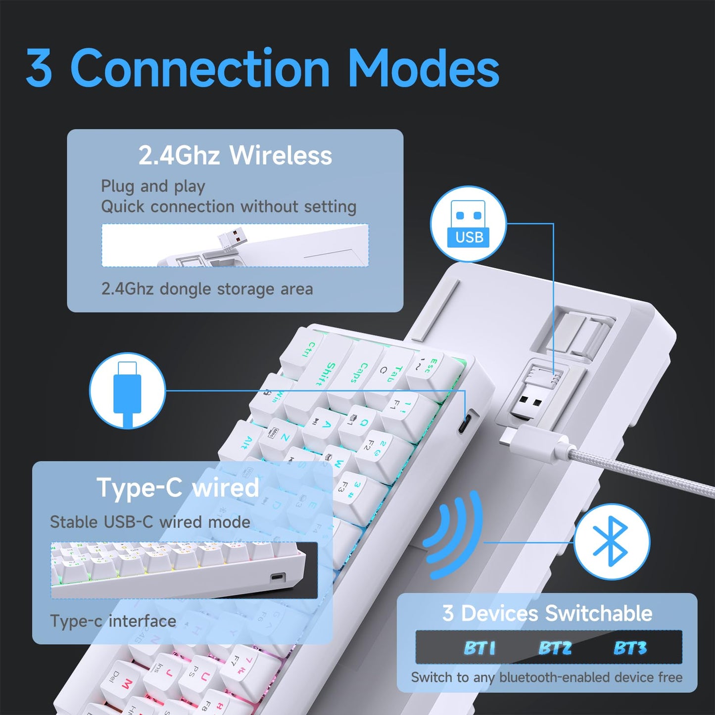 DIERYA DK63 Wireless Mechanical Gaming Keyboard | 63% Compact | RGB Backlit | Blue Switch | White