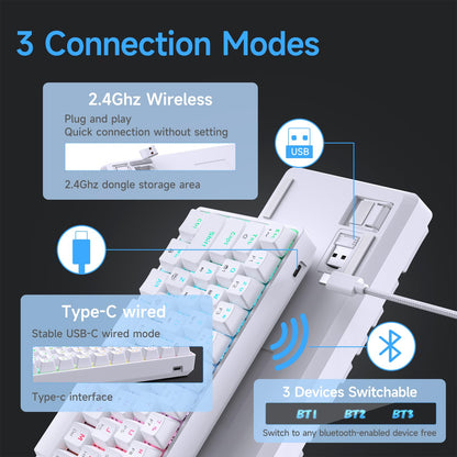 DIERYA DK63 Wireless Mechanical Gaming Keyboard | 63% Compact | RGB Backlit | Blue Switch | White