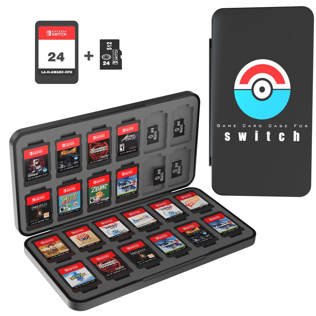 PURBHE Switch Game Case for Nintendo Switch Game Card Portable Nintendo Switch Game Holder with 24 Game refill unit sections and 24 Micro SD Card sections Nintendo Switch Accessories for Tpartyl(Black)