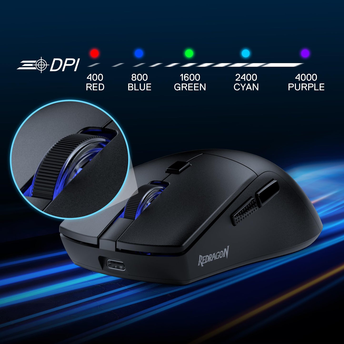 Redragon M618 LIT Wireless Gaming Mouse - 10000 DPI, Ergonomic, 6 Programmable Buttons, Ultra Lightweight, Black