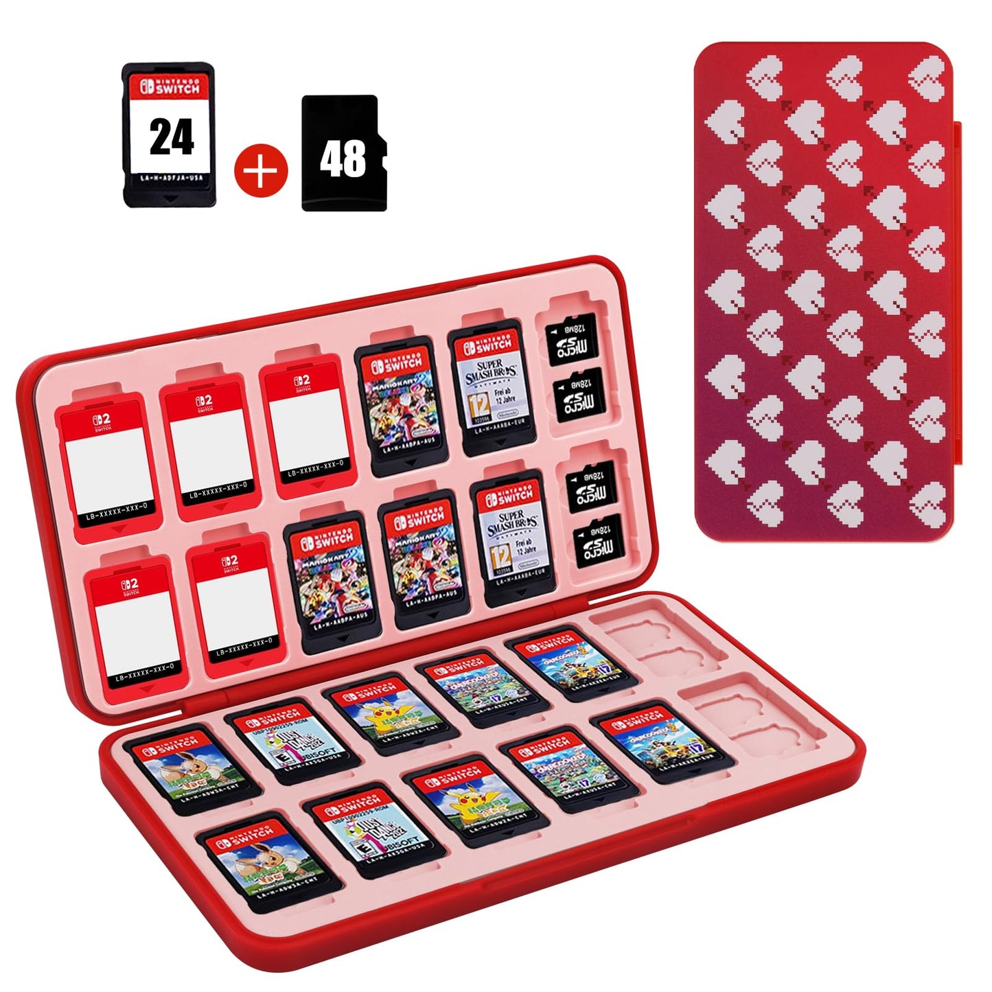 FYY Nintendo Switch Game Case Holder for Switch 2 Cartridge Case with 24 Game Card Slots & 48 Micro SD Card Slots  Hard Shell  Silicone Lining Heart Pattern Red