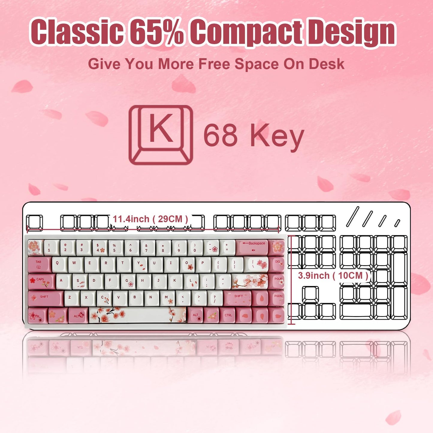 ZMX WK68 Cherry Blossom Pink 65% Mechanical Gaming Keyboard - Mini Hot Swap Tri-Mode BT/2.4G/Type-C, Yellow Switch, Dye-Sub PBT XDA Key