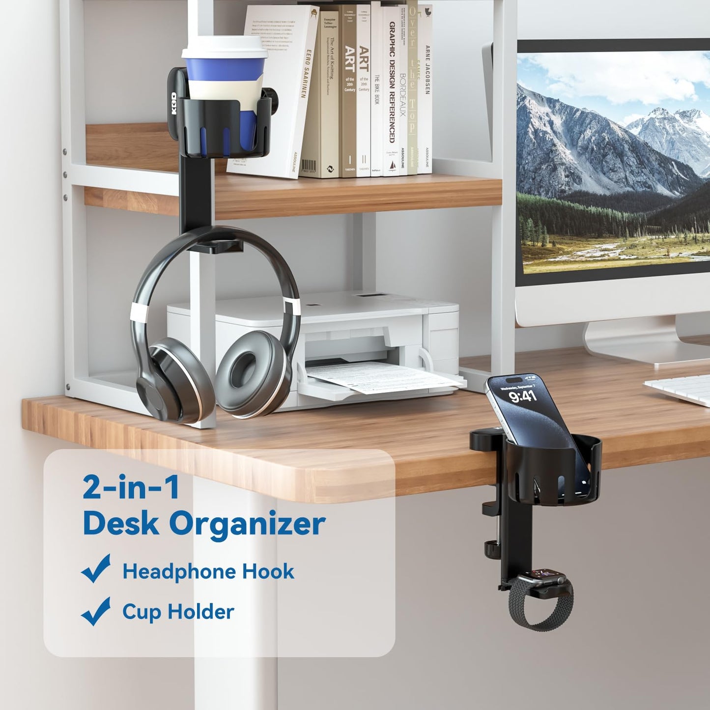 KDD 2 in 1 Headphone Hanger with Desk Cup Holder, Rotatable Under Desk Clamp, Black, Model 790-FUTI