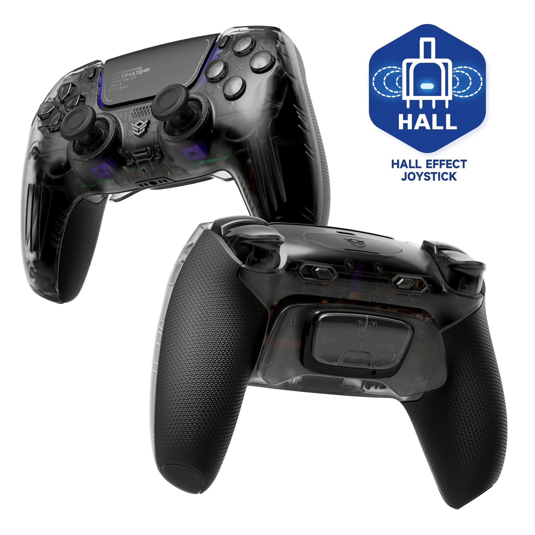 HEXGAMING ULTIMATE PRO Gaming Controller Compatible with ps5/PC/Mobile - 4 Back Buttons  6 Custom Profiles  Adjustable Triggers  8 Swappable Thumbsticks - Hall Effect Explorer Black