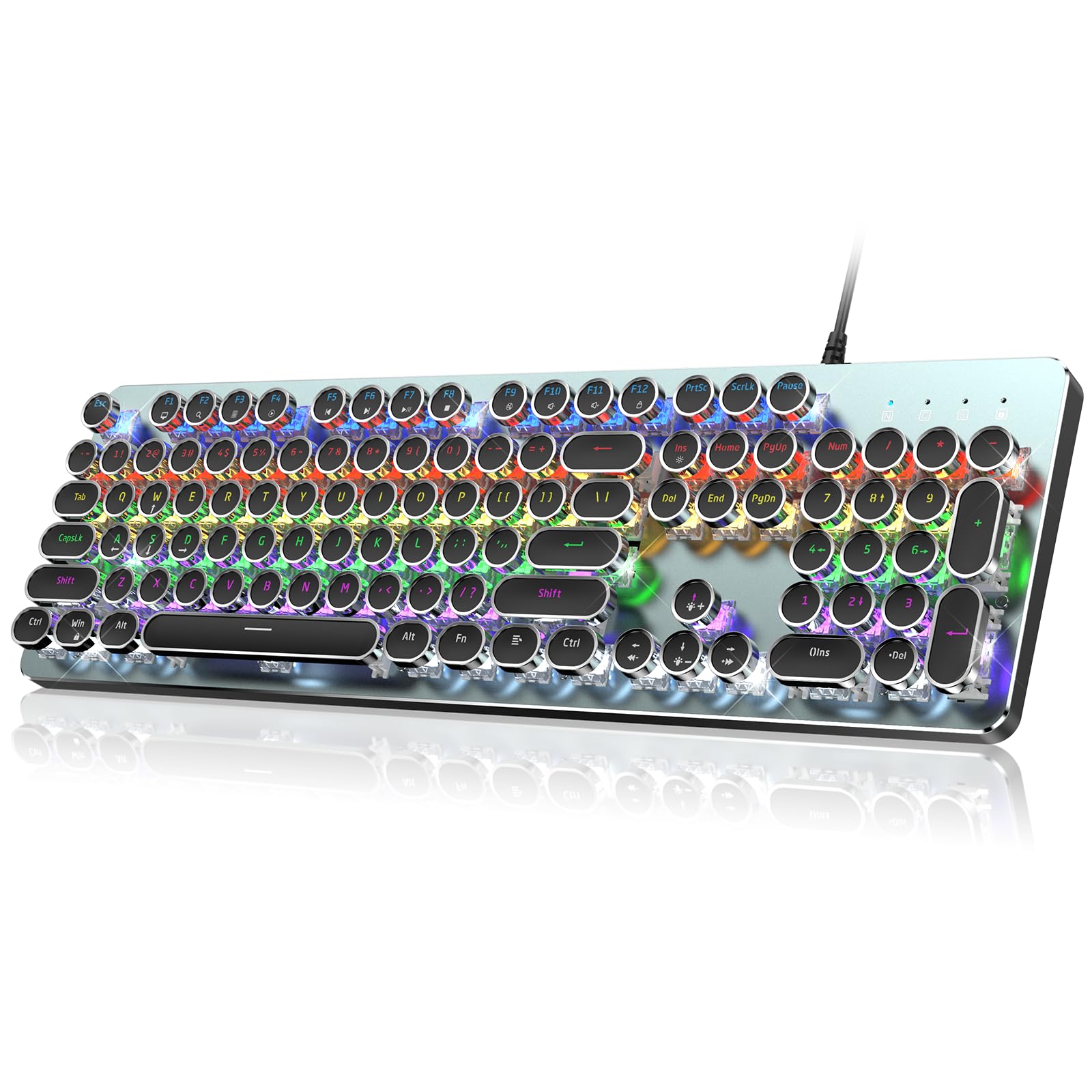 RisoPhy Typewriter Style Mechanical Gaming Keyboard  Metal Panel  Retro Punk Round Keycaps  Clicky Blue Switch  Rainbow LED Backlit  104 Keys Wired Keyboard  Round Keycaps for PC Laptop Mac Gamer