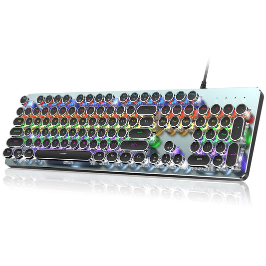 RisoPhy Typewriter Style Mechanical Gaming Keyboard  Metal Panel  Retro Punk Round Keycaps  Clicky Blue Switch  Rainbow LED Backlit  104 Keys Wired Keyboard  Round Keycaps for PC Laptop Mac Gamer