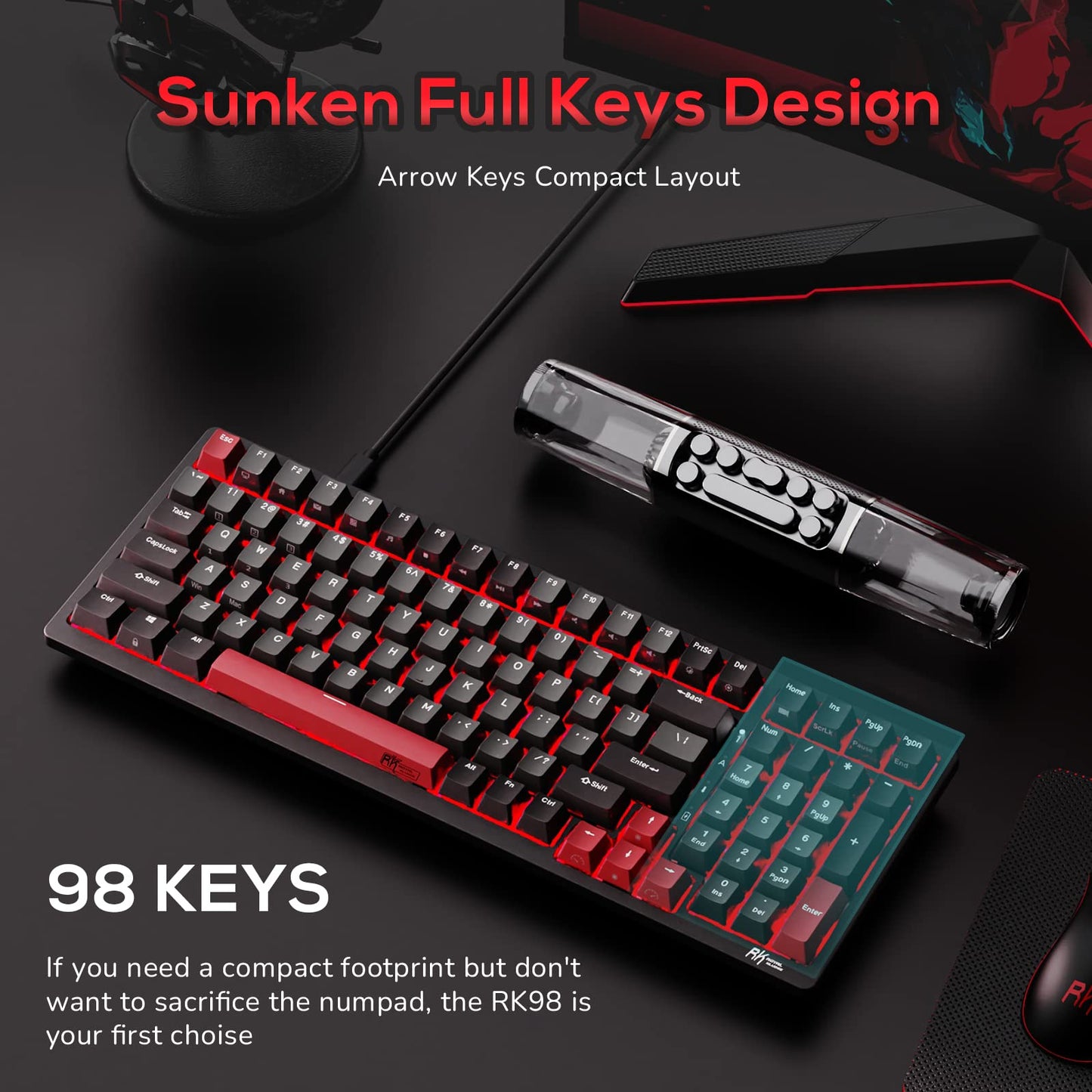 RK ROYAL KLUDGE RK98 Wireless Mechanical Gaming Keyboard, Hot Swappable, RGB Backlit, Black, Tri-Mode BT5.1/2.4G/USB-C, Nump