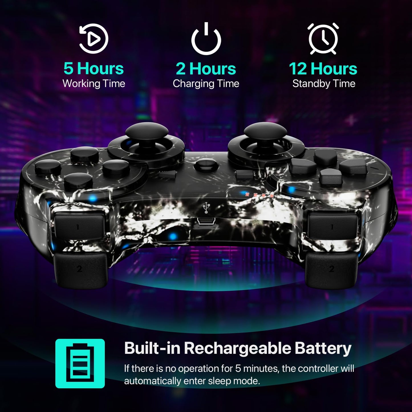 CHENGDAO PS3 Wireless Controller 2 Pack - 6-Axis, Double Vibration, Motion Control - Skull + Galaxy