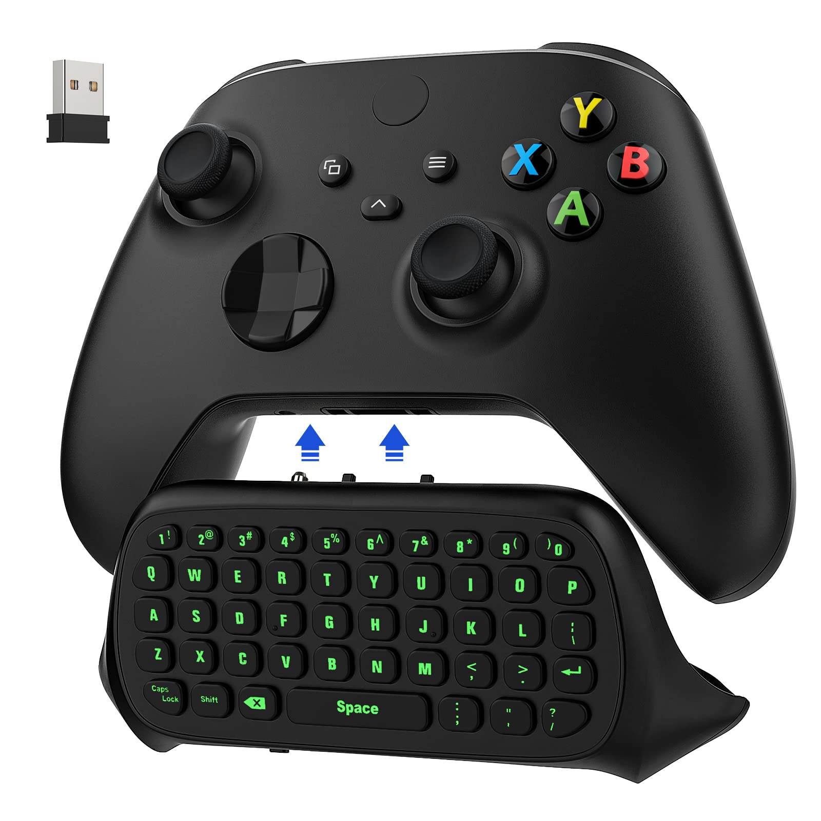 MoKo Green Backlight Keyboard for Xbox One Controller  Xbox Series X/S  Wireless Gaming Chatpad Keypad with USB Receiver&3.5mm Audio Jack  Xbox Accessories for Xbox One/One S/fine design/2 Controller  Black
