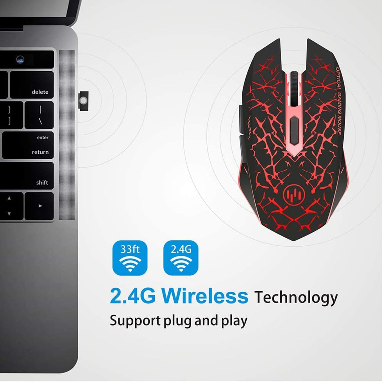 TENMOS K6 Wireless Gaming Mouse - Rechargeable, Silent, 3 DPI Levels, 6 Buttons, Black with Red Light, Model K6001