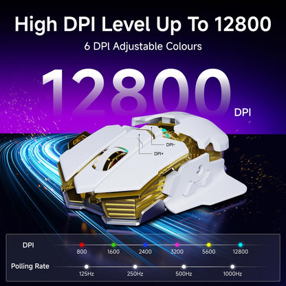 SEUNKWANG G5 Wireless Gaming Mouse - 12800 DPI, RGB, 6 Backlit Modes, 9 Macro Buttons, Rechargeable, Bluetooth, White