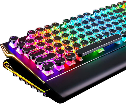 RK ROYAL KLUDGE S108 Retro Mechanical Keyboard, Wired 108 Keys, RGB Backlit, Blue Switches, Black with Detachable Wrist Rest