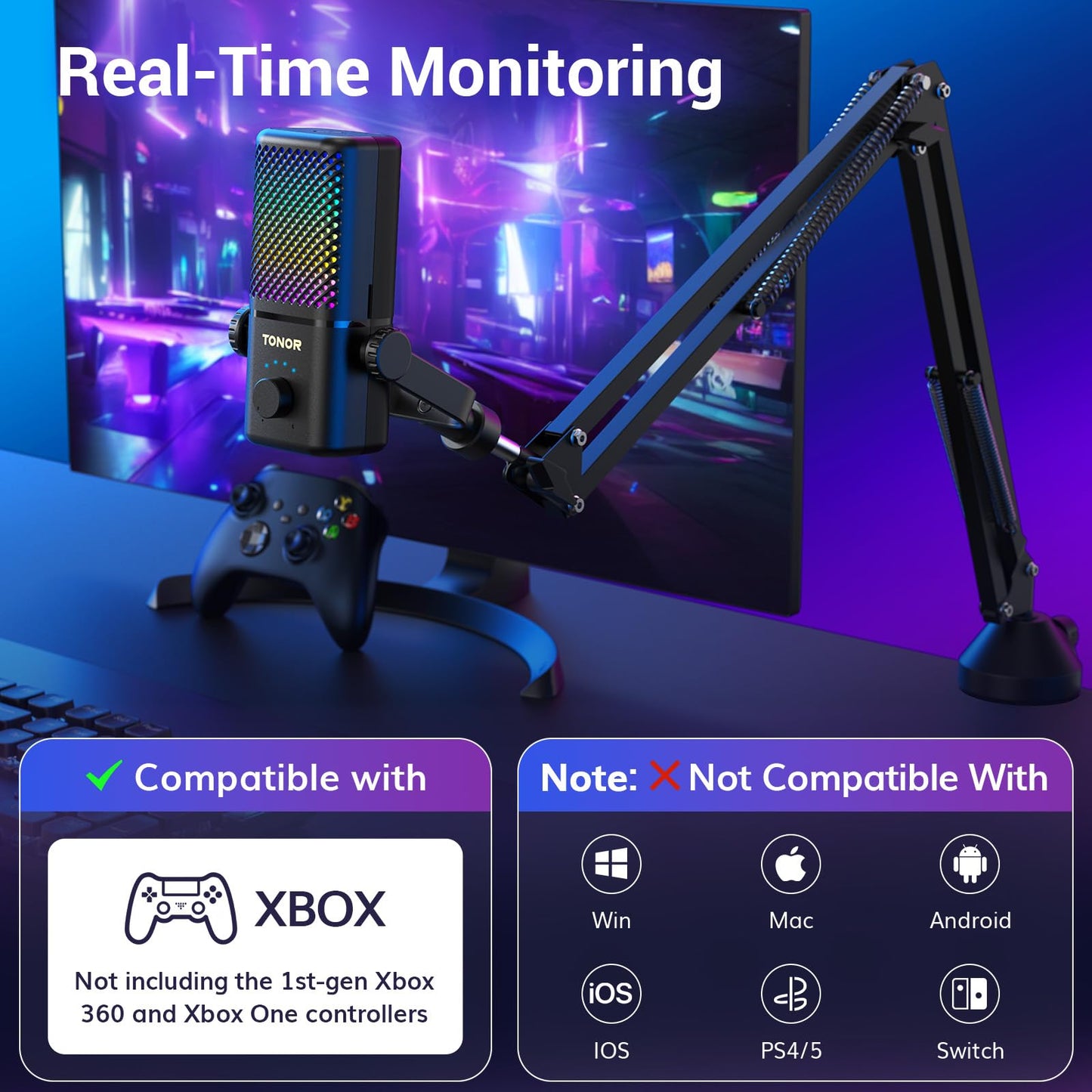TONOR Gaming Mic TCX3+ - RGB Streaming Boom Mic, 30H Battery, Low Noise, One Tap Mute, Black, 16.14x5.67x5.04